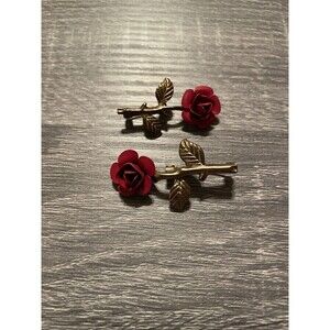 Two Vintage Flower Red Rose Leaf Brooch Pins Gold Tone Metal Costume Jewelry